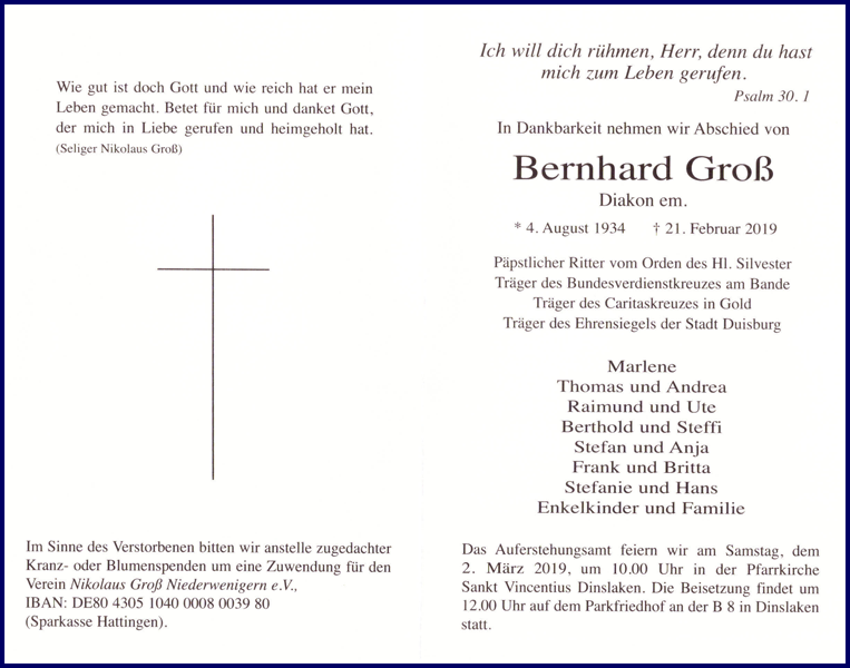 Todesanzeige Bernhard Groß